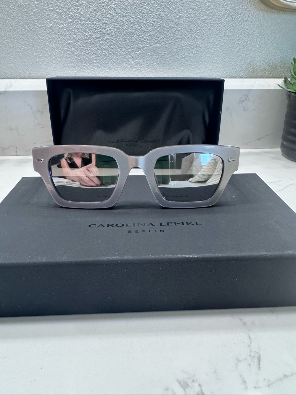 Carolina Lemke Berlin Square Sunglasses in Gray/Silver (retail $170)